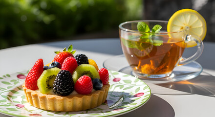 Delicious Fruit Tart Served With Tea and Lemon On A Pleasant, Sunny Day