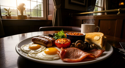 Delicious Full English Breakfast Dish At A Cozy Restaurant Table For A Meal