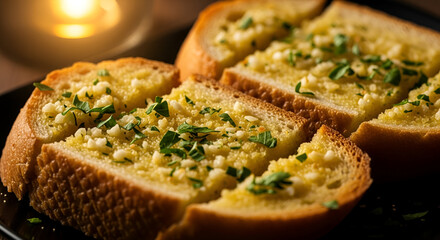 Delicious Garlic Bread Slices, Herbaceous, Close-Up, Appetizing Food, Culinary Delight