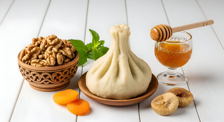 Delicious Georgian Khinkali Presented with Apiculture Honey and Walnut Garnishes