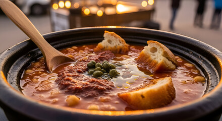 Delicious Gazpacho Soup Garnished With Croutons, And A Wooden Spoon, Ready To Eat