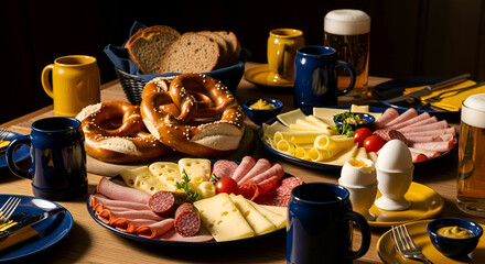 Delicious German Feast: Pretzels, Beer, Sausage, Cheese, Breakfast, and Culinary Delight
