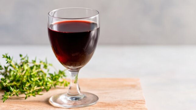 Rich crimson elixir gleams beside fresh thyme, evoking Bacchanalia's indulgence and the mystique of Beaujolais Nouveau festivities