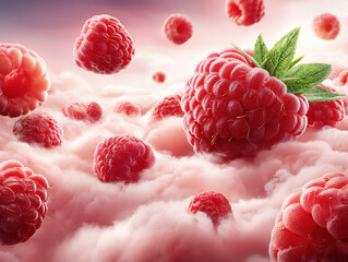 Dreamy Raspberry Clouds: Floating Juicy Berries Above Soft Pink Skies in a Surreal Scene