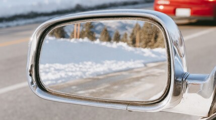 Reflective rearview captures snow-dusted landscape, whispering winter solstice journeys, retro automobile nostalgia, roadside serenity moment