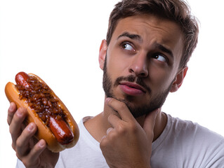 Thoughtful Man Holding Grilled Hot Dog, Pondering Taste, White Studio Background Portrait Casual Food Moment