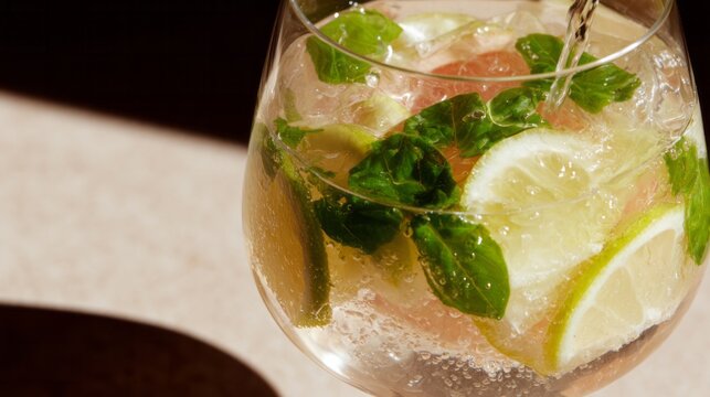 Sparkling lime and mint elixir sings summer solstice whispers, invoking a refreshing symphony of Cinco de Mayo zest