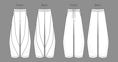 Vector girl fleece jogger technical drawing, teenage style pants with waistband and pockets detail fashion CAD, template, sketch, flat. Woman barrel fit sweatpants with front, back view, white color © Yulish