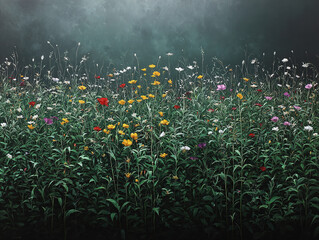 Colorful Wildflower Field in Soft Focus Under Moody Sky with Green Foliage