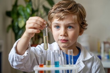 A young boy in a lab coat examines a test tube with other test tubes in a rack in front of him