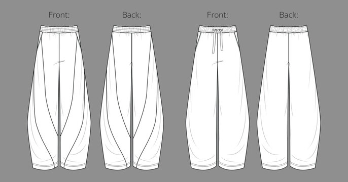 Vector girl fleece jogger technical drawing, teenage style pants with waistband and pockets detail fashion CAD, template, sketch, flat. Woman barrel fit sweatpants with front, back view, white color