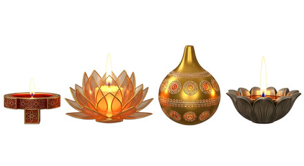 Four decorative diyas and a golden lantern isolated on transparent background © KHADIZA