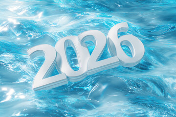 The white numbers 2026 float above the vibrant turquoise ocean waves, symbolizing a fresh start and celebration of the new year 2026. Perfect for the theme of new beginnings and holidays
