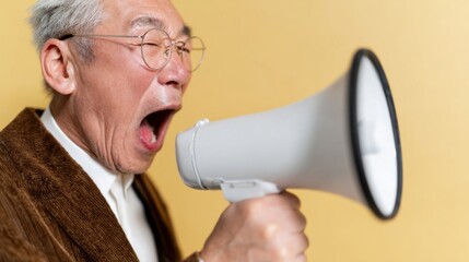Elderly East Asian male passionately uses a megaphone, celebrating World Communication Day, reflecting wisdom and dynamic expression