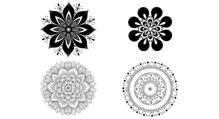 Set of black and white mandala designs isolated on transparent background