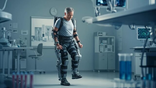 Senior man walking in innovative exosuit during rehabilitation therapy in modern medical laboratory, advanced robotics footage.