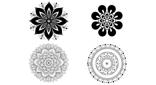 Set of black and white mandala designs isolated on transparent background