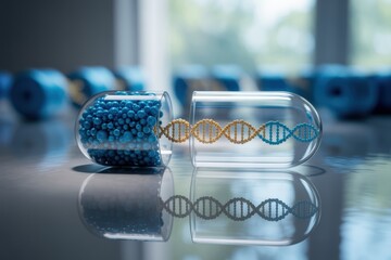 Close up of a capsule with dna strand and blue spheres on a reflective surface in soft lighting