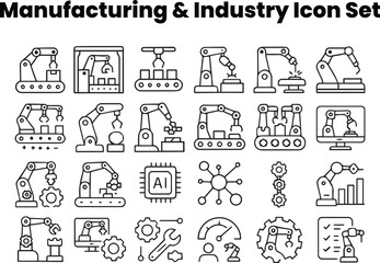 Editable Robotics Assembly Line Icon Set — Automated Manufacturing Process Outline