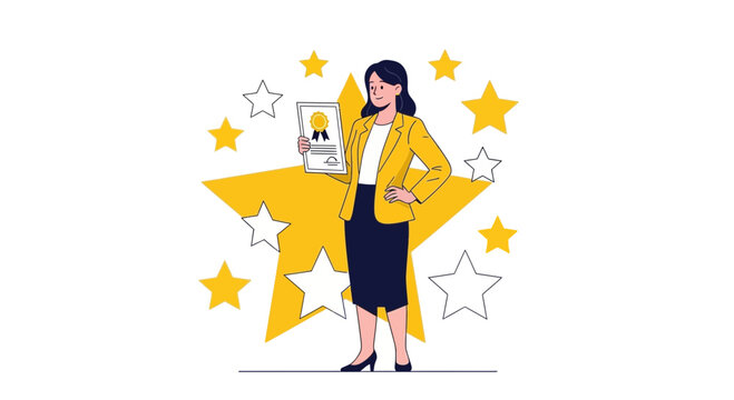 Successful businesswoman holding a certificate with stars around her perfect for achievement