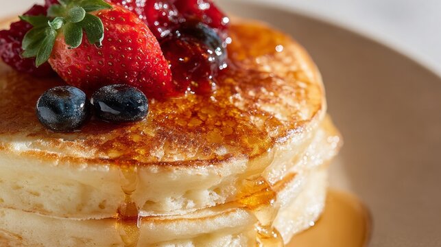 Fluffy pancakes adorned with glistening berries and syrup evoke brunch serenity, perfect for Shrove Tuesday or Maple Syrup Day