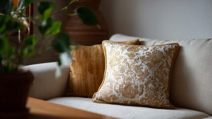 Opulent brocade cushion adorns serene beige sofa, invoking Hygges cozy embrace and Diwalis opulent tapestry, tranquil elegance