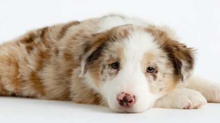 A serene merle puppy lounges dreamily, embodying National Puppy Day's fluffy wonder and International Dog Biscuit Appreciation Day whimsy