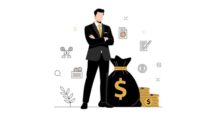 Successful Person Standing Beside a Bag Of Money and Gold Coins, Investing Concept