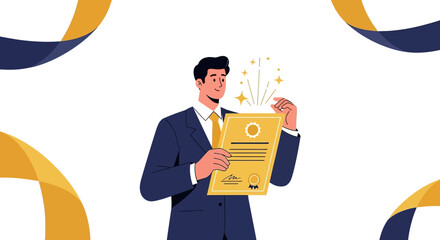 Successful Professional Appreciating The Certificate Of Achievement With Golden Symbols