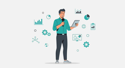 Successful Professional Presenting Data and Analytics with Tablet and Microphone