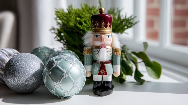 Charming nutcracker sentinel guards silver orbs, heralding Yuletide cheer and Tchaikovsky's whimsical winter tales amidst holiday foliage