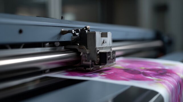 Intricate magenta ink blossoms emerge from the printer's maw, evoking technology's artistry, World Art Day innovation
