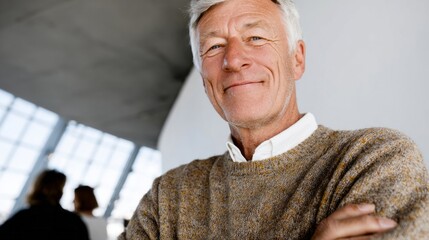 Silver-haired Caucasian man with thoughtful gaze, embodying wisdom on World Philosophy Day, in a cathedral of modern architecture