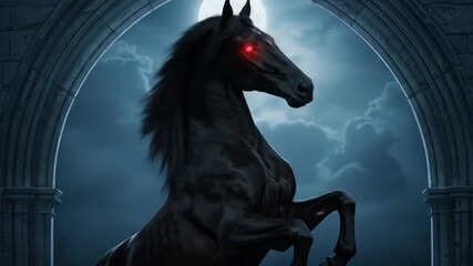 Dramatic black horse rearing against stone archway with ominous sky