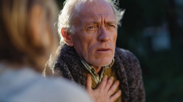 A concerned elderly Caucasian man clutches his chest during a heartfelt Thanksgiving reunion, embodying familial impermanence and timeless reflection
