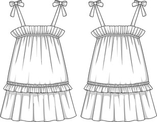 Spaghetti strap dress, sleeveless illustration, ruffle neckline, layered skirt, bow strap detail, garment sketch, apparel design, sewing pattern, fashion flat, elegant style