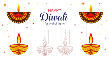 Happy diwali festival of lights illustration with diyas isolated on transparent background