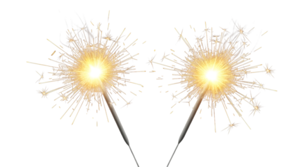 Two sparklers with bright glowing light isolated on transparent background
