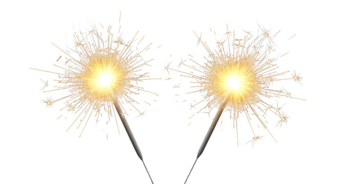 Two sparklers with bright glowing light isolated on transparent background