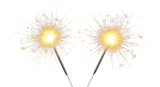 Two sparklers with bright glowing light isolated on transparent background