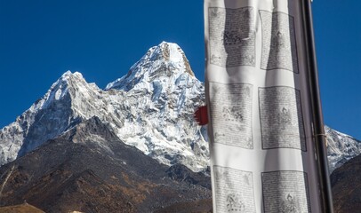 Mount Ama Dablam with buddhist prayer flag
