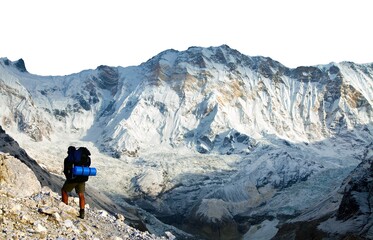 View of Mount Annapurna with hiker isolated on white