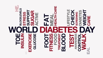 World Diabetes Day concept Animated Tag Word Cloud kinetic typography, Text Design Animation typography seamless loop video motion graphics Intro,  Word Art Looping Text red black blue grey type on wh