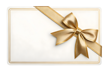 White card with gold border and gold ribbon bow diagonally across the top right corner of the card on transparent background