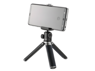 A smartphone mounted on a compact tripod with a ball head against a plain white background in a studio on transparent background