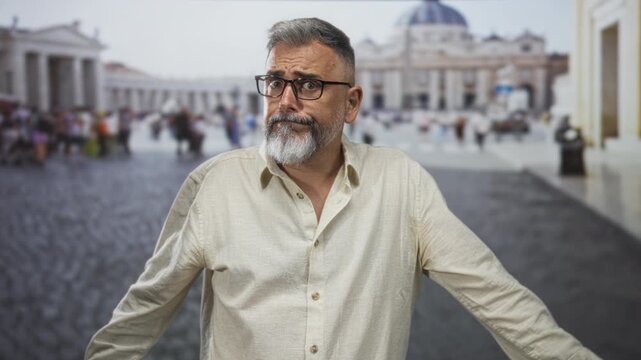 Man with glasses and grey beard shrugs shoulders in a building at st peter square vatican near the colonnade and cobblestone plaza; confusion.