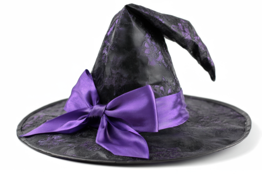 Witch hat with purple bow a festive accessory for Halloween costumes isolated on white