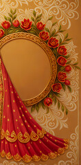 golden frame with red flowers and bridal veil, wedding invitations card template, graphic design illustration wallpaper 