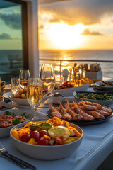 Dinner on yacht featuring gourmet seafood and sparkling drinks in ocean, vertical view of food and wine in sea trip at sunset.