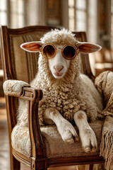 Funny animal portrait, domestic sheep wearing sunglasses relaxing on elegant chair indoors in luxury room interior